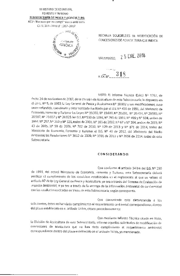 Res. Ex. N° 318-2018 Rechaza solicitudes de modificación concesiones de acuicultura que indica.