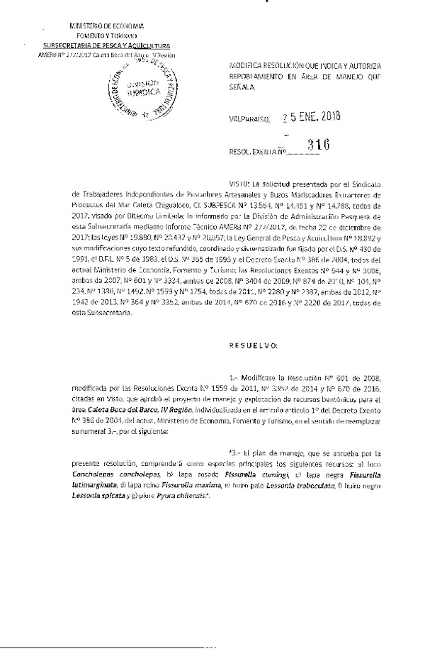 Res. Ex. N° 316-2018 Modifica Res. Ex. N° 601-2008.