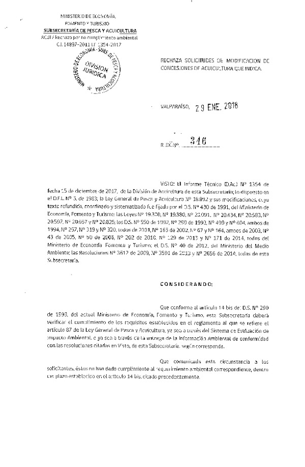 Res. Ex. N° 346-2018 Rechaza solicitudes de modificación de concesiones de acuicultura que indica.