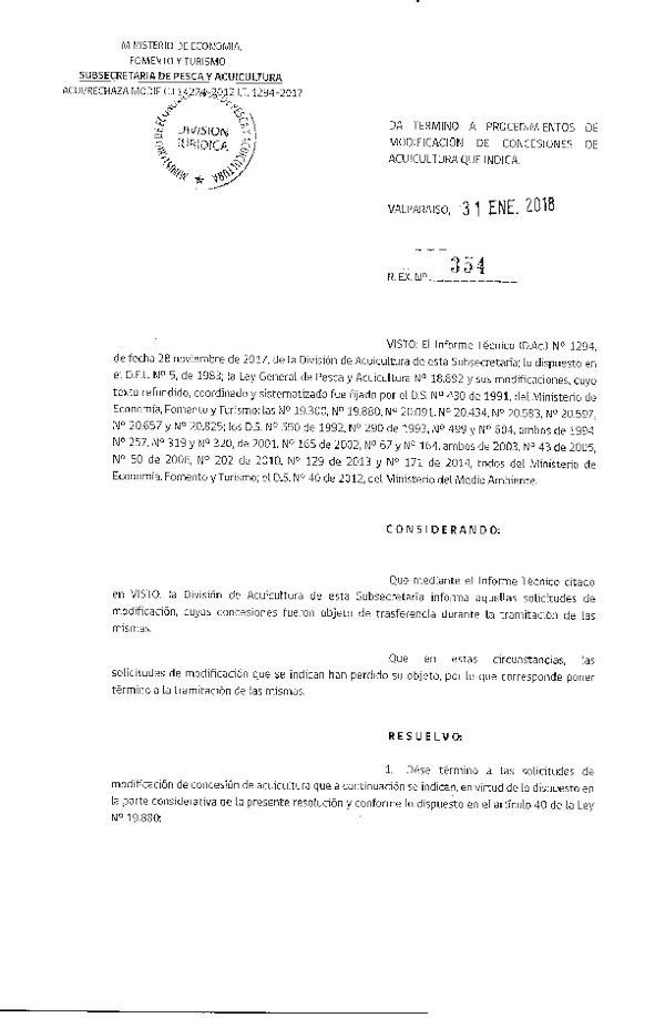Res. Ex. N° 354-2018 Da termino a procedimientos de modificación de concesiones de acuicultura que indica.