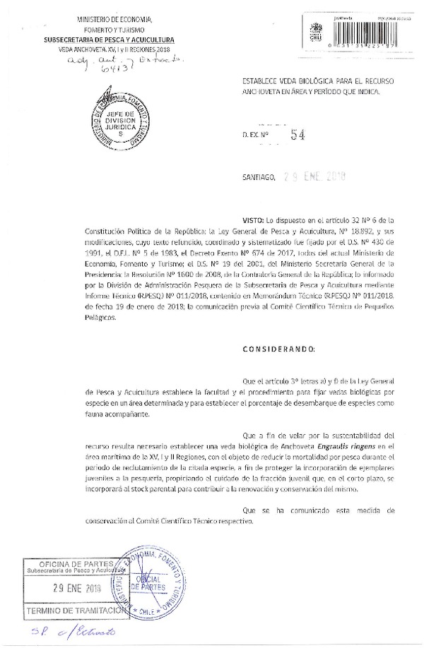 Dec. Ex. N° 54-2018 Establece Veda Biológica para el Recurso Anchoveta en la XV-II Regiones. (Publicado en Página Web 31-01-2018) (07-02-2018)