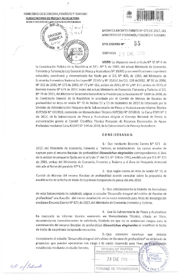 Dec. Ex. N° 55-2018 Modifica Dec. Ex. N° 671-2017 Establece Cuotas Anuales de Captura Especie Bacalao de Profundidad, Año 2018. (Publicado en Página Web 01-02-2018) (07-02-2018)