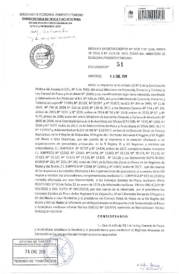 Dec. Ex. N° 51-2018 Modifica Decretos Exentos N° 1035 y N° 1036, ambos de 2014, y N° 1178 de 2015, todos del Ministerio de Economía, Fomento y Turismo. (Publicado en Página Web 02-02-2018) (07-02-2018)