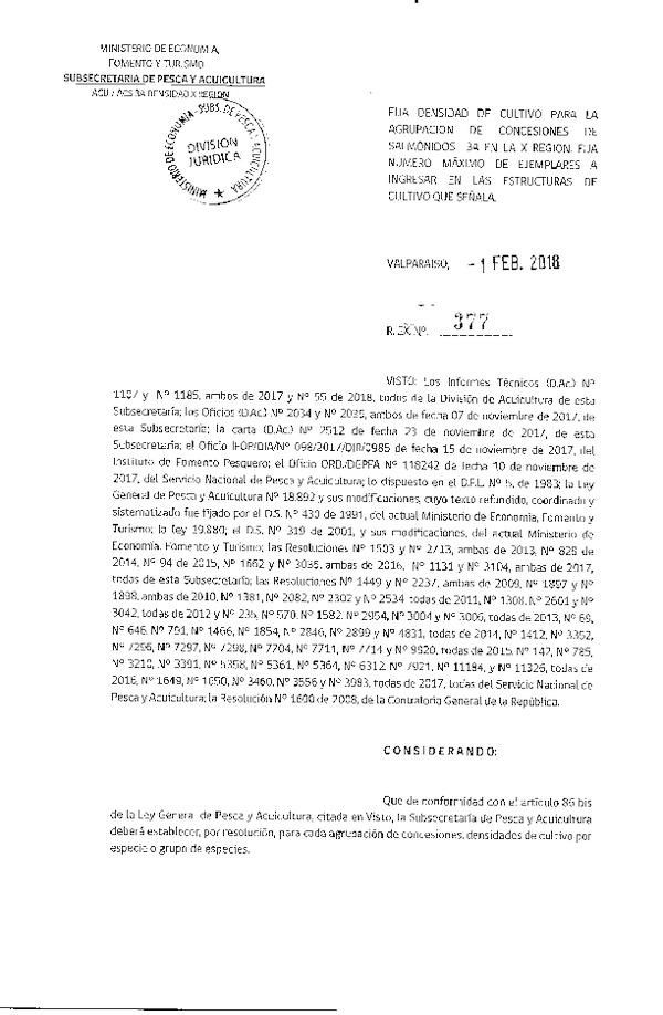 Res. Ex. N° 377-2018 Fija Densidad de Cultivo para las Concesiones de Acuicultura que Indica. (Con Informe Técnico) (Publicado en Página Web 02-02-2018) (F.D.O. 09-02-2018)