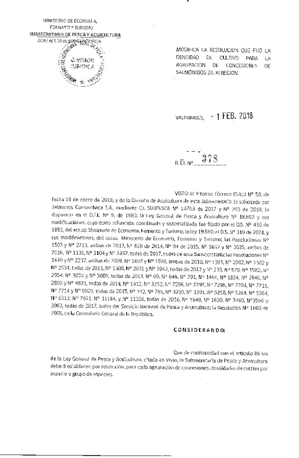 Res. Ex. N° 378-2018 Modifica Res. Ex. N° 3397-2017 Fija Densidad de Cultivo para la Agrupación de Concesiones de Salmónidos 20 en la XI Región. (Publicado en Página Web 02-02-2018) (F.D.O. 09-02-2018)