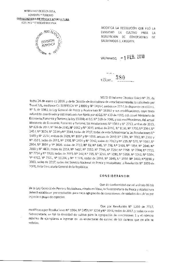 Res. Ex. N° 380-2018 Modifica Res. Ex. N° 1200-2017 Fija Densidad de Cultivo para la Agrupación de Concesiones de Salmónidos 1, X Región. Aprueba Programa de Manejo que Indica. (Con Informe Técnico) (Publicado en Página Web 02-02-2018) (F.D.O. 09-02-2018)