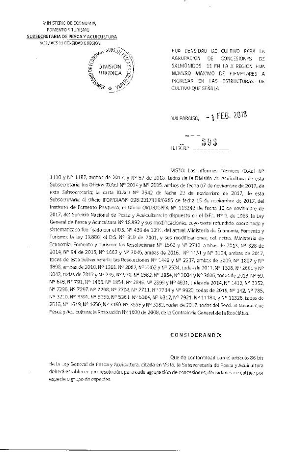 Res. Ex. N° 393-2018 Fija Densidad de Cultivo para la Agrupación de Concesiones de Salmónidos 11, X Región. (Con Informe Técnico) (Publicado en Página Web 05-02-2018) (F.D.O. 09-02-2018)