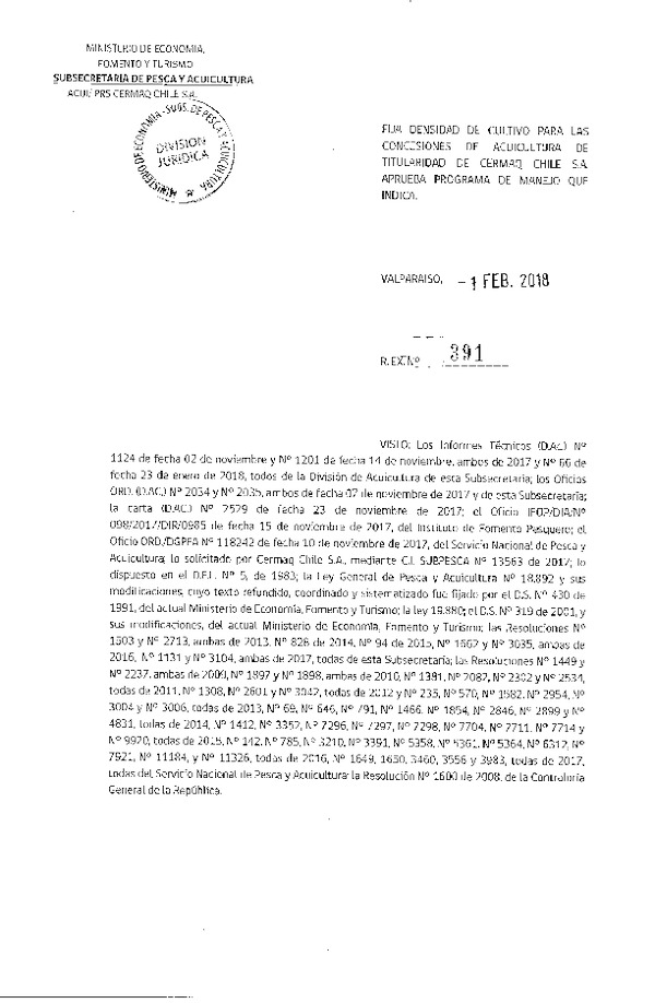 Res. Ex. N° 391-2018 Fija Densidad de Cultivo para las Concesiones de Acuicultura que Indica. (Con Informe Técnico) (Publicado en Página Web 05-02-2018)