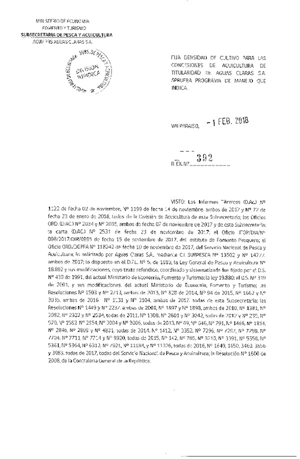 Res. Ex. N° 392-2018 Fija Densidad de Cultivo para las Concesiones de Acuicultura que Indica. (Con Informe Técnico) (Publicado en Página Web 05-02-2018) (F.D.O. 13-02-2018)