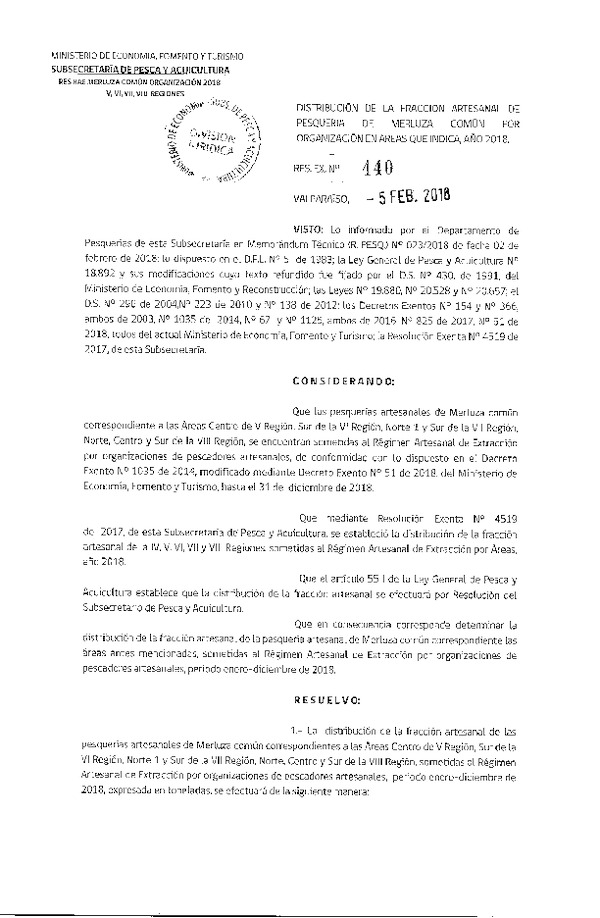 Res. Ex. N° 440-2018 Distribución de la fracción artesanal de Pesquería de merluza común por Organización en áreas que indica, año 2018. (Publicado en Página Web 05-02-2018)(F.D.O. 13-02-2018)