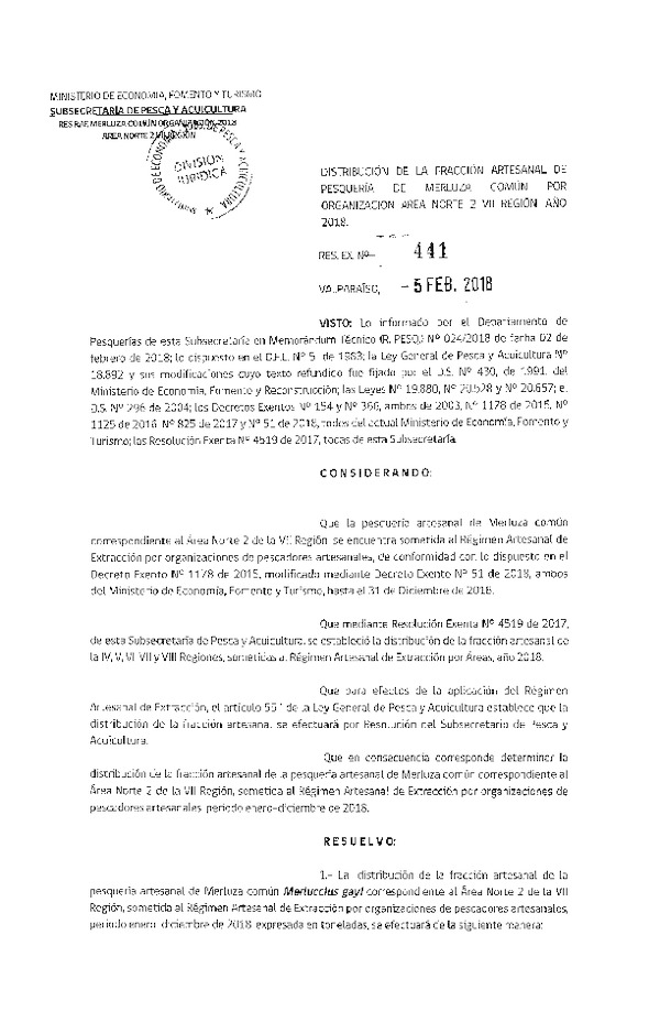 Res. Ex. N° 441-2018 Distribución de la Fracción Artesanal de Pesquería de Merluza Común por Organización área norte 2 VII Región, año 2018. (Publicado en Página Web 05-02-2018) (F.D.O. 13-02-2018)