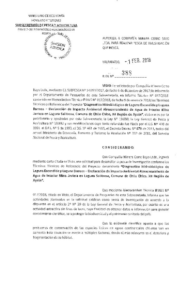 Res. Ex. N° 388-2018 Diagnostico hidrobiológico, XII Región.