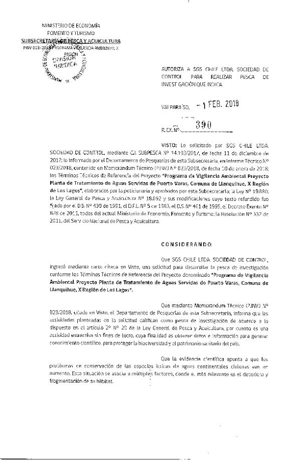 Res. Ex. N° 390-2018 Programa de vigilancia ambiental, X Región.