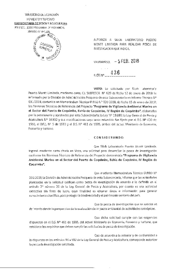 Res. Ex. N° 436-2018 Programa de vigilancia ambiental, IV Región.