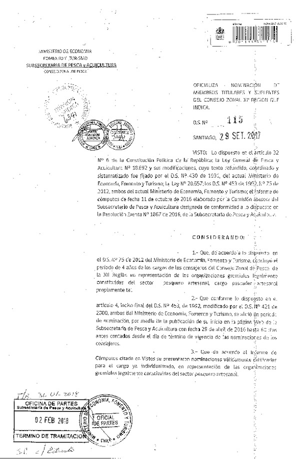 D.S. 115-2017, Oficializa Nominación de Miembros del Consejo Zonal de Pesca, XII Región. (Publicado en Página Web 06-02-2018) (F.D.O. 08-02-2018)