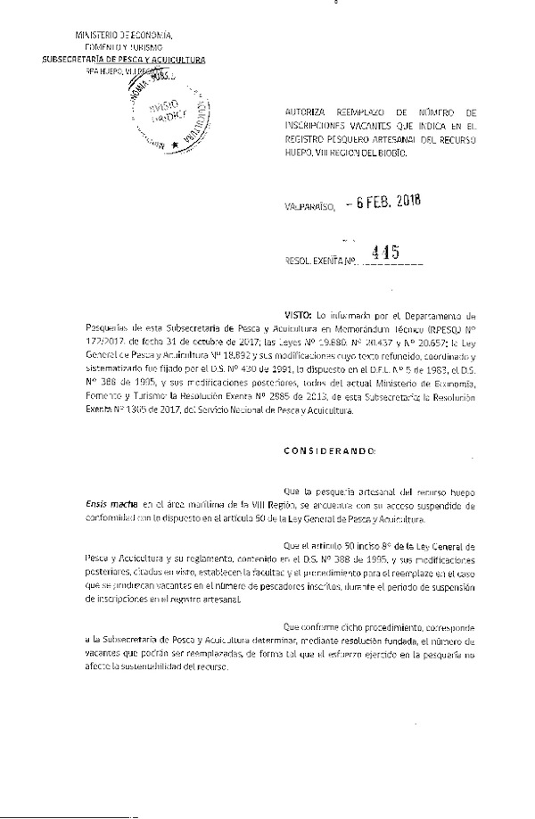 Res. Ex. Nº 445-2018 Autoriza Reemplazo de Número de Inscripciones Vacantes que Indica en el Registro Pesquero Artesanal del Recurso Huepo, VIII Región. (Publicado en Página Web 06-02-2018) (13-02-2018)