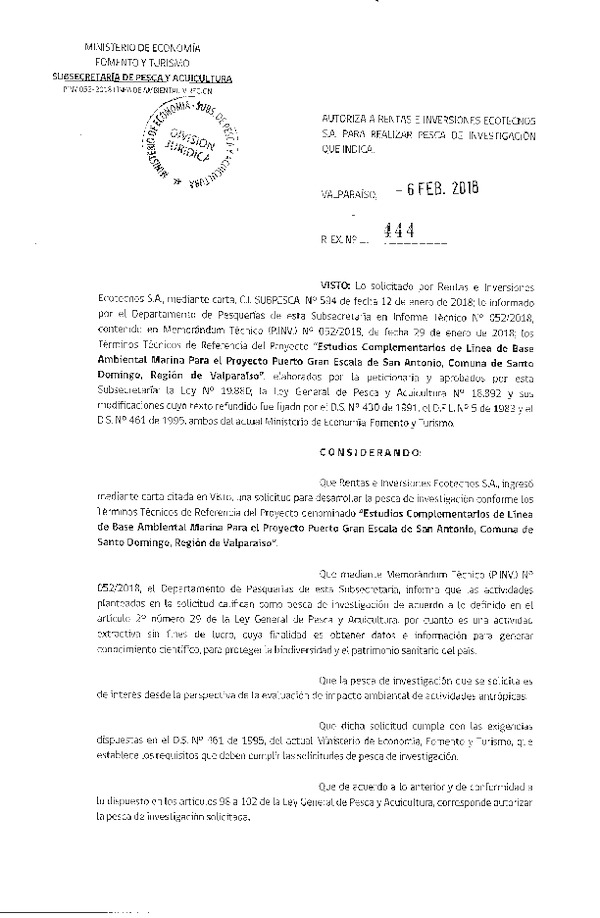 Res. Ex. N° 444-2018 Estudios complementarios de línea de base ambiental, V Región.