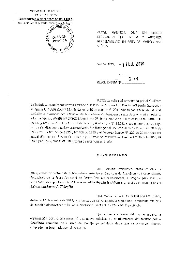 Res. Ex. N° 396-2018 Acoge Renuncia. Deja sin Efecto Res. que Indica. Autoriza Repoblamiento.