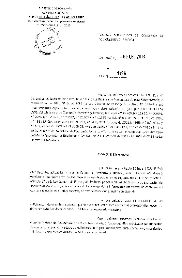 Res. Ex. N° 469-2018 Rechaza solicitudes de concesión de acuicultura que indica.