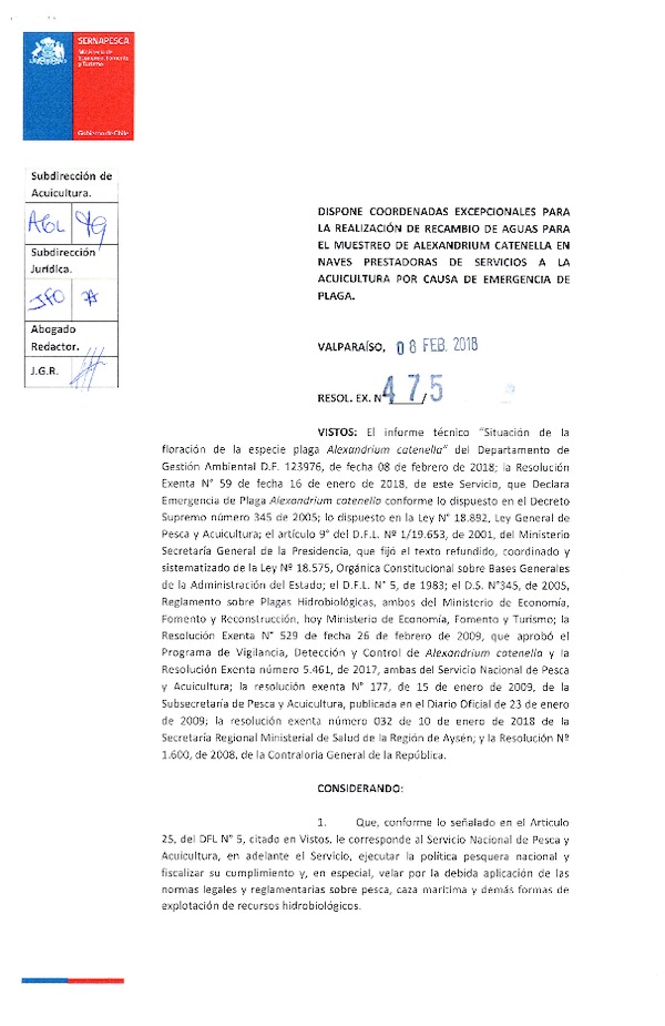 Res. Ex. N° 475-2018 Dispone coordenadas excepcionales para la realización de recambio de aguas para el muestreo de alexandrium cantenella en naves prestadoras de servicios a la acuicultura por causa de emergencia de plaga