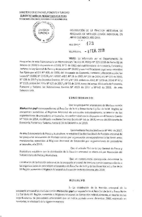 Res. Ex. N° 473-2018 Distribución de la fracción artesanal de pesquería de merluza común individual en áreas que indica, año 2018. (F.D.O. 14-02-2018)