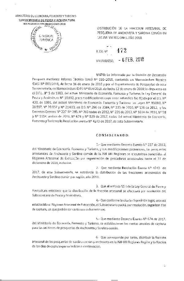 Res. Ex. N° 472-2018 Distribución de la fracción artesanal de pesquería de anchoveta y sardina común en las XV-VIII regiones, año 2018. (F.D.O. 14-02-2018)