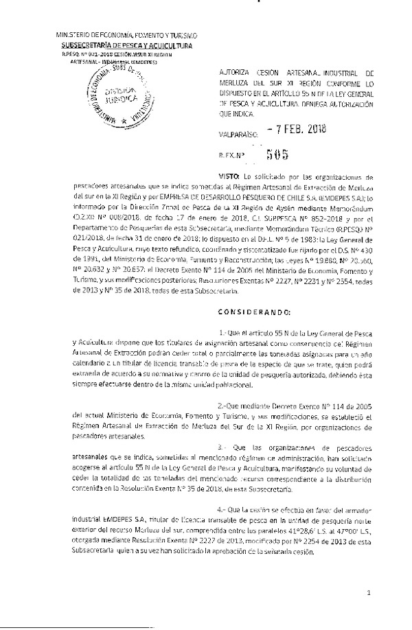 Res. Ex. N° 505-2018 Cesión artesanal-industrial de merluza del sur XI región conforme lo dispuesto en el artículo 55 de la ley general de pesca y acuicultura, deniega autorización que indca