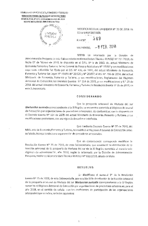 Res. Ex. N° 549-2018 Modifica Res. Ex. N°35 de 2018, de esta Subsecretaría (Publicado en Página Web 14-02-2018) (F.D.O. 16-02-2018)