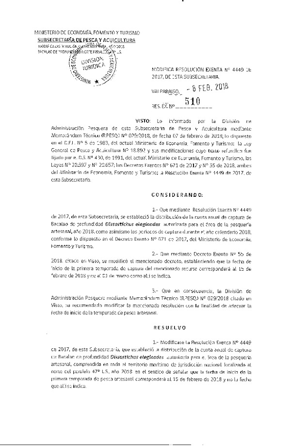 Res. Ex. N° 510-2018 Modifica Res. Ex. N°4449 de 2017, de esta Subsecretaría (Publicado en Página Web 14-02-2018) (F.D.O. 16-02-2018)