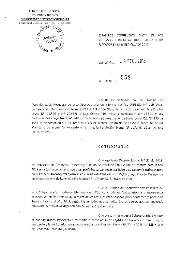 Res. Ex. N° 552-2018 Establece Distribución de Cuota de los Recursos Huiro negro, Huiro palo y Huiro flotador, en la IV Región, año 2018. (Publicado en Página Web 14-02-2018) (F.D.O. 16-02-2018)