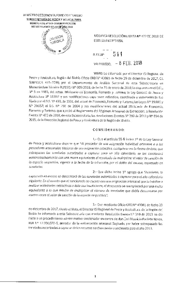 Res. Ex. N° 511-2018 Modifica Res. Ex. N°472 de 2018, de esta Subsecretaría (Publicado en Página Web 14-02-2018) (F.D.O. 16-02-2018)