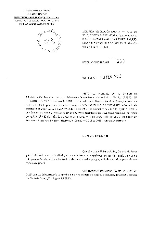 Res. Ex. N° 559-2018 Modifica Res. Ex. N° 3011-2015, de esta Subsecretaría, que aprobó el Plan de Manejo para los recursos Huepo, Navajuela y Taquilla del Golfo de Arauco, VIII región del Biobio. (F.D.O. 20-02-2018)