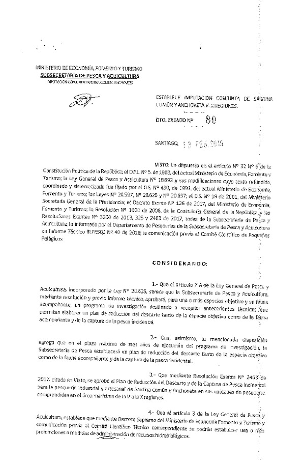 Dec. Ex. N° 80-2018 Establece imputación conjunta de Sardina común y Anchoveta V-X regiones. (Publicado en Página Web 14-02-2018) (F.D.O. 17-02-2018)