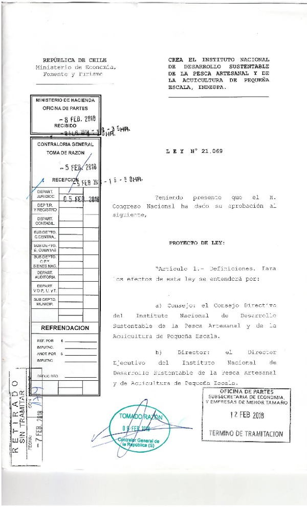 Ley N° 21.069 Crea el Instituto Nacional de Desarrollo Sustentable de la Pesca Artesanal y de la Acuicultura de pequeña escala, INDESPA. (F.D.O. 15-02-2017)