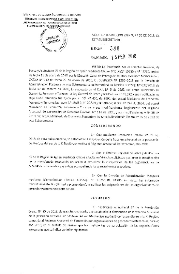 Res. Ex. N° 580-2018 Modifica Res. Ex. N°35 de 2018, de esta Subsecretaría (Publicado en Página Web 15-02-2018) (F.D.O. 07-03-2018)