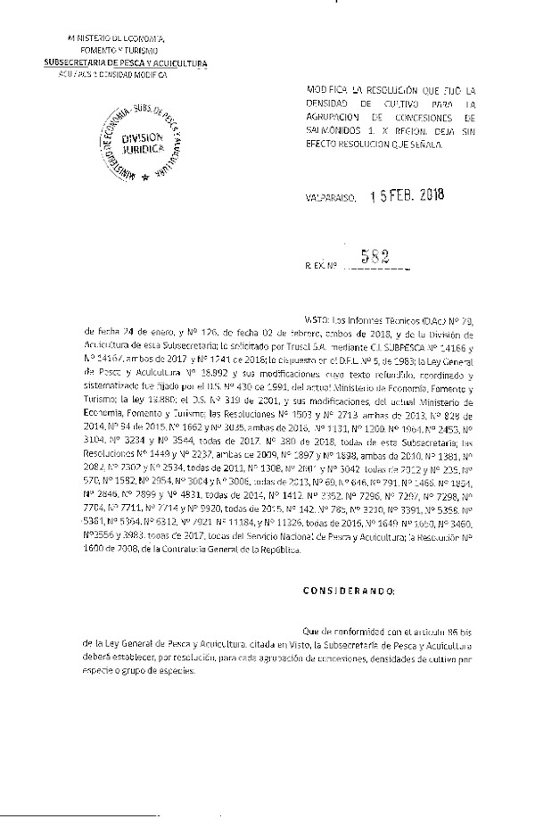 Res. Ex. N° 582-2018 Modifica la resolución que fijo la densidad de cultivo para la agrupación de concesiones de salmónidos 1, X región. Deja sin efecto resolución que señala. (Con Informe Técnico) (Publicado en Página Web 16-02-2018) (F.D.O. 07-03-2018)