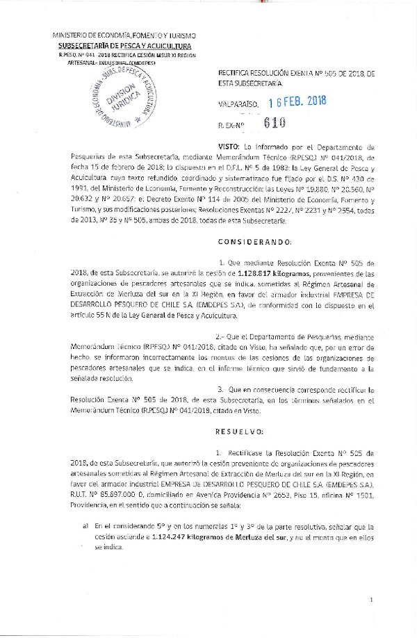 Res. Ex. N° 610-2018 Rectifica Res. Ex. N° 505 de 2018, de esta Subsecretaría.