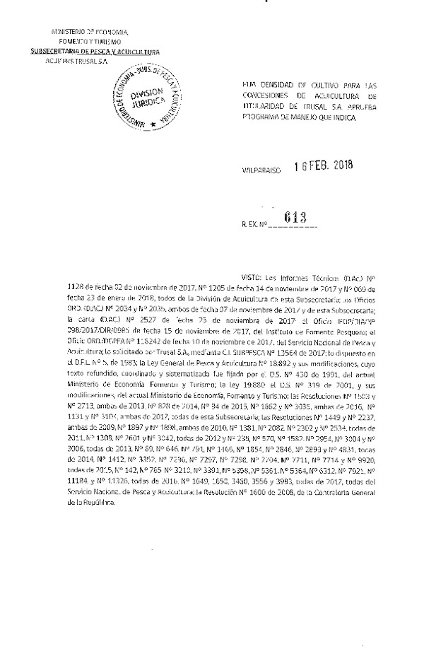 Res. Ex. N° 613-2018 Fija Densidad de Cultivo para las Concesiones de Acuicultura de titularidad de TRUSAL S.A. Aprueba programa de manejo que indica. (Con Informe Técnico) (Publicado en Página Web 19-02-2018)