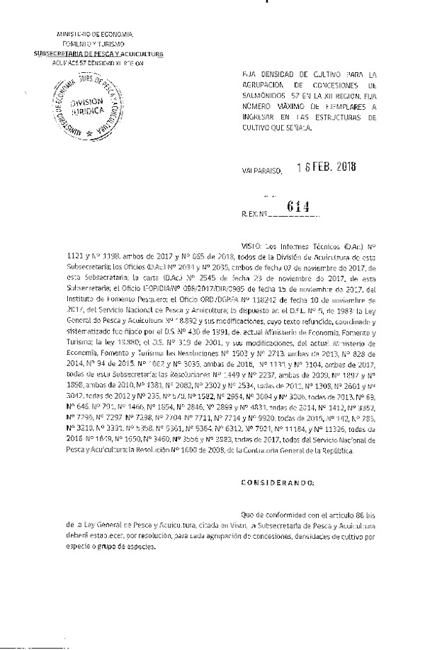 Res. Ex. N° 614-2018 Fija densidad de cultivo para la agrupación de concesiones de Salmónidos 57 en la XII región. Fija número máximo de ejemplares a ingresar en las estructuras de cultivo que señala. (Con Informe Técnico) (Publicado en Página Web 19-02-2018) (F.D.O. 24-02-2018)