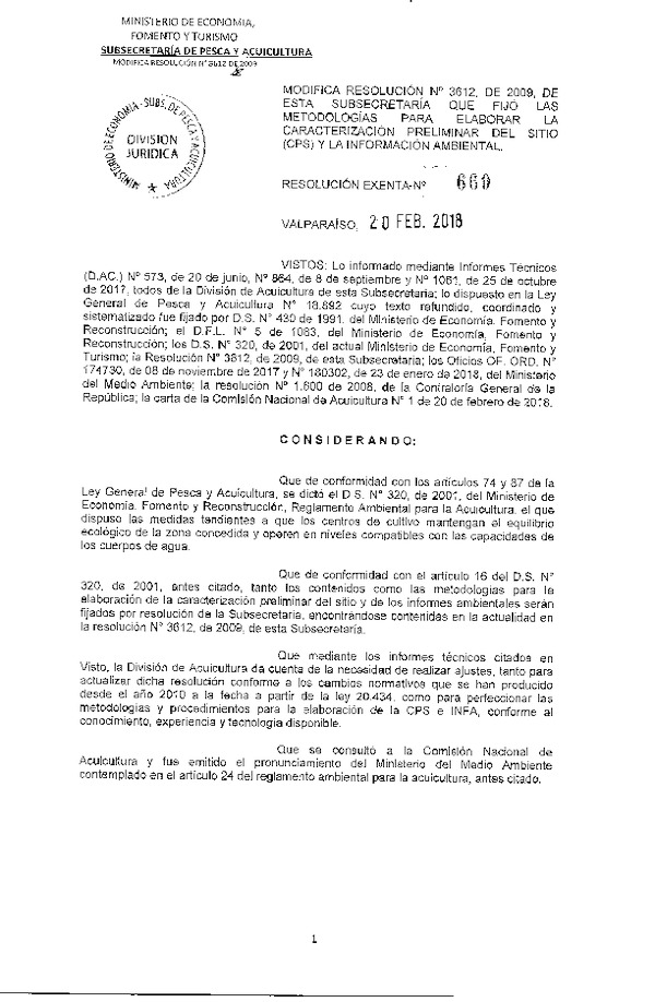 Res. Ex. N° 660-2018 Modifica Res. Ex. N° 3612 de 2009, de esta Subsecretaría que fijó las metodologías para elaborar la caracterización preliminar del sitio (CPS) y la información ambiental. (Publicado en Página Web 21-02-2018) (F.D.O. 27-02-2018)