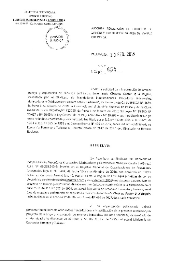 Res. Ex. N° 653-2018 Autoriza realización de proyecto de manejo y explotación en Área de Manejo que indica.