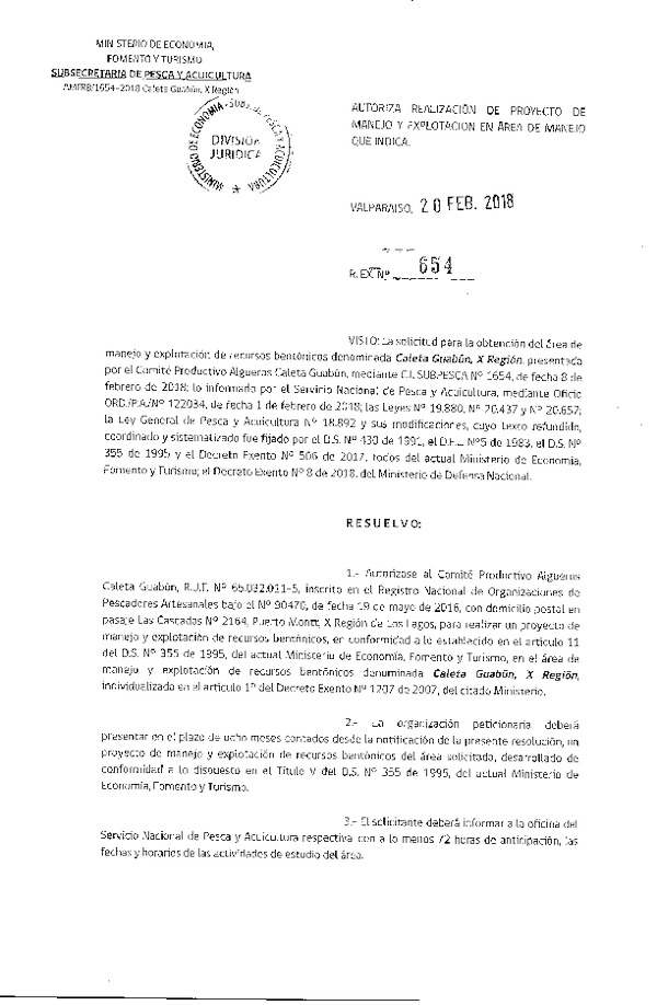 Res. Ex. N° 654-2018 Autoriza realización de proyecto de manejo y explotación en Área de Manejo que indica.