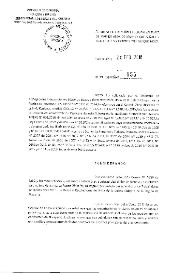 Res. Ex. N° 655-2018 Autoriza explotación exclusiva en playa de mar en Área de Manejo que señala y modifica resoluciones exentas que indica.