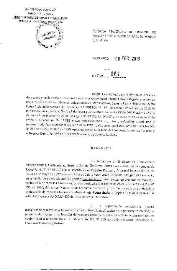 Res. Ex. N° 661-2018 Autoriza realización de proyecto de manejo y explotación en Área de Manejo que indica.