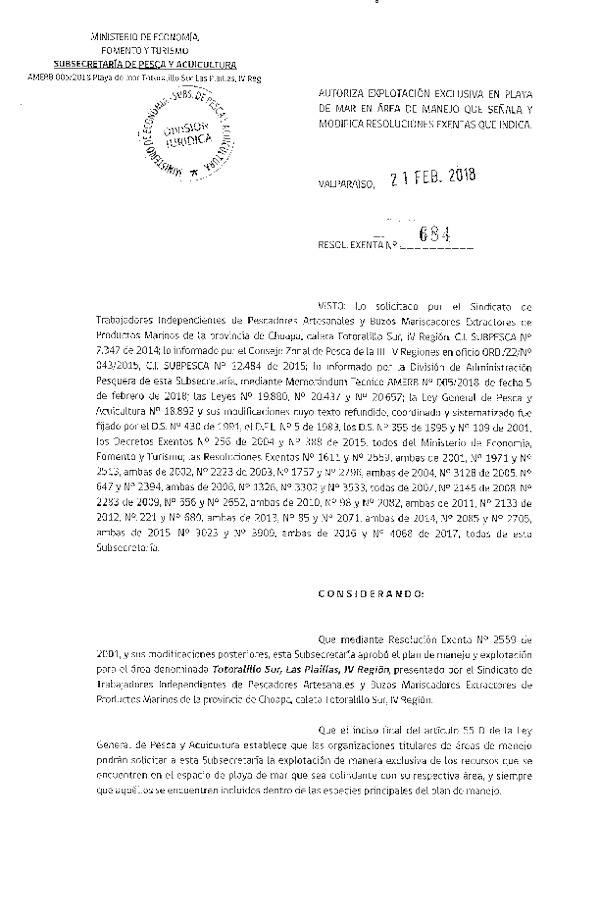 Res. Ex. N° 684-2018 Autoriza explotación exclusiva en playa de mar en Área de Manejo que señala y modifica resoluciones exentas que indica.