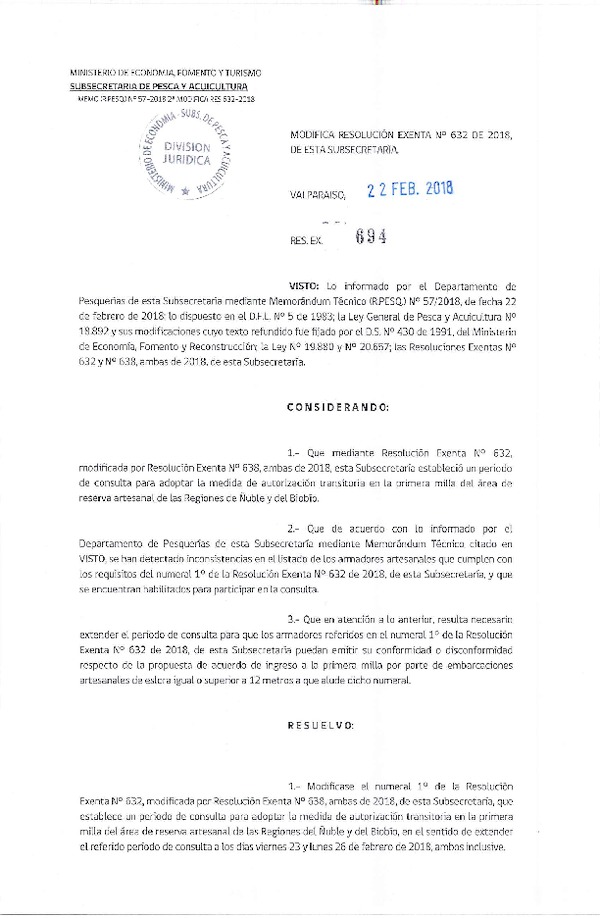 Res. Ex. N° 694-2018 Modifica Res. Ex. N°632-2018, de esta Subsecretaría. (Publicado en Página Web 22-02-2018) (F.D.O. 28-02-2018)