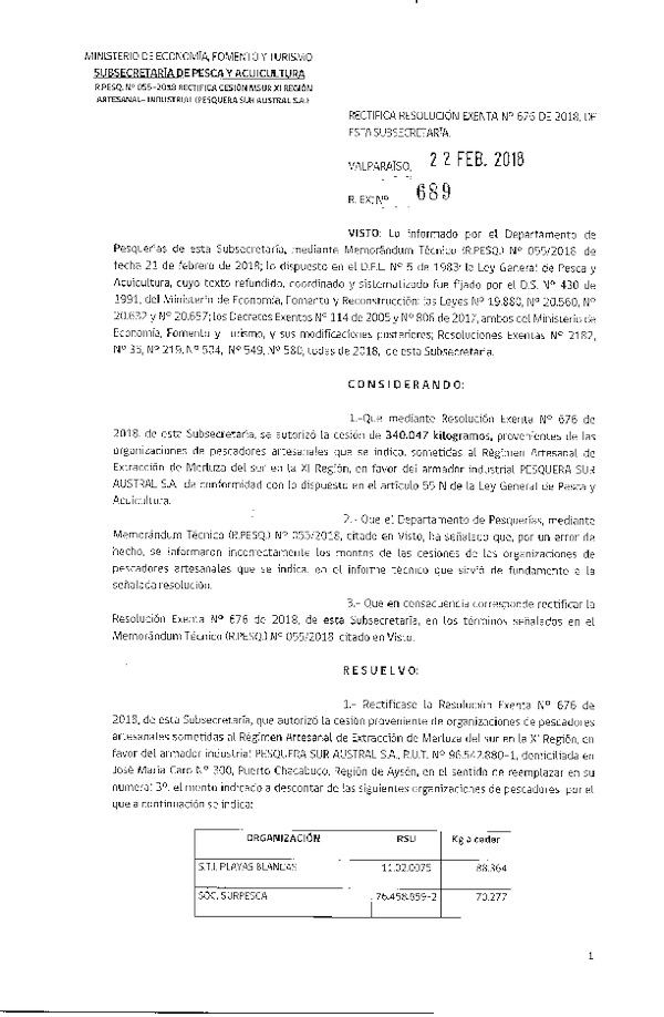 Res. Ex. N° 689-2018 Rectifica Res. Ex. N°676-2018, de esta Subsecretaría.