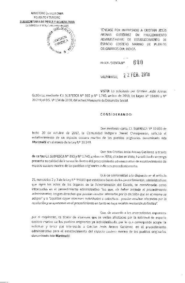 Res. Ex. N° 690-2018 Téngase por interesado a Cristian Jesús Arenas Gutiérrez en procedimiento administrativo de establecimiento de ECMPO que indica. (Publicada en Pag. Web 23-02-2018)