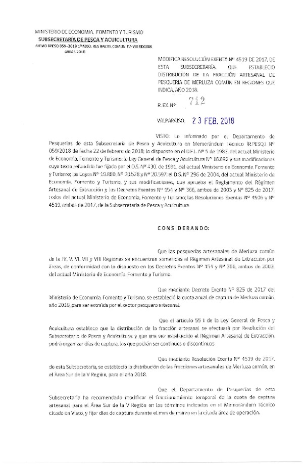 Res. Ex. N°712-2018 Modifica Res. Ex. N°4519-2017, de esta Subsecretaría que estableció distribución de la fracción artesanal de pesquería de Merluza común en regiones que indica, año 2018. (Publicado en página Web 26-02-2018)