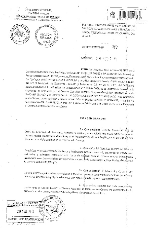 Dec. Ex. Nº 87-2018 Suspende Temporalmente Veda Extractiva del Recuro Macha, X Región y Establece Cuota de Captura. (F.D.O. 24-02-2018)